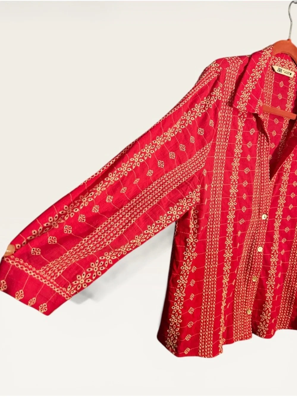 Zara Fuschia Embroidered Button-Up Shirt - Picture 5 of 8